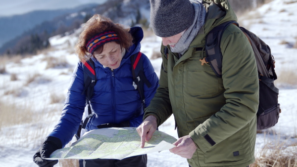 Portrait of senior couple hikers using map in snow-covered winter nature.