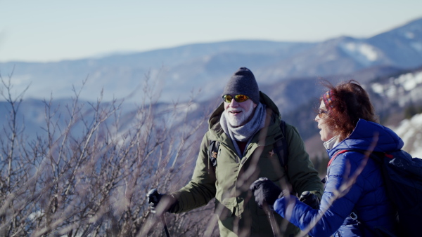 Senior couple with nordic walking poles hiking in snow-covered winter nature, talking. Healthy lifestyle concept.