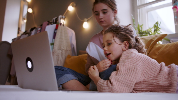 Small sisters indoors at home, using laptop. Lockdown concept.