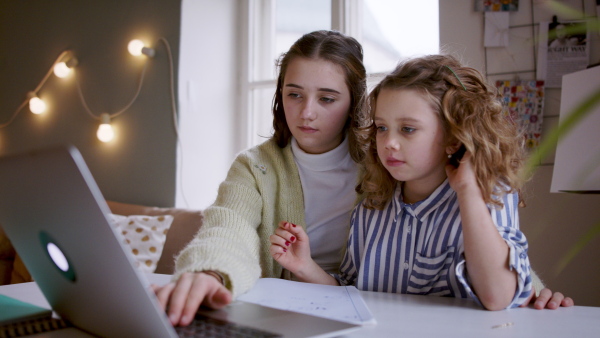 Small sisters schoolgirls learning online indoors at home, coronavirus concept.