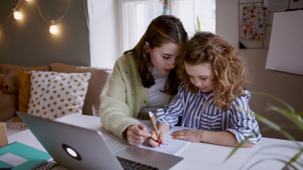 Portrait of sisters schoolgirls learning online indoors at home, coronavirus concept.