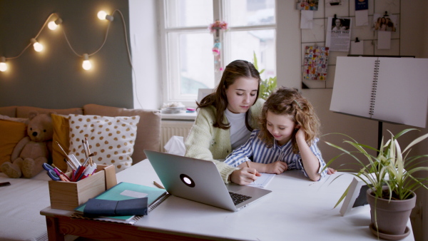 Portrait of sisters schoolgirls learning online indoors at home, coronavirus concept.