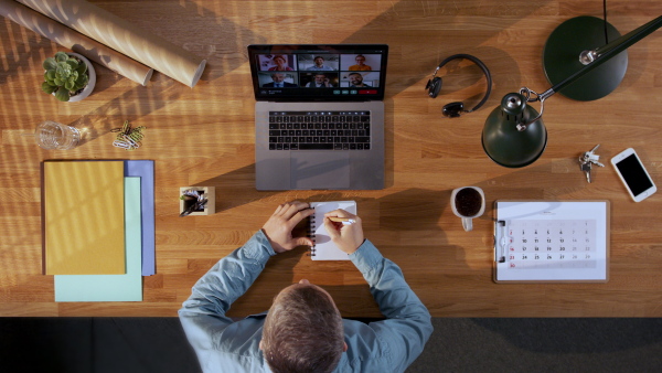 A top view of manager having a call with employees. Copy space.