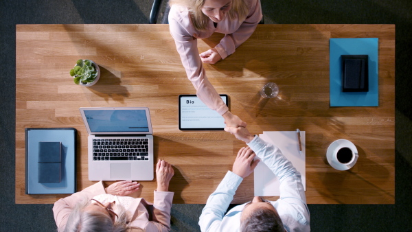 Top view of young woman having a job interview.