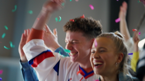 Excited fans supproting Slovak national team in live match at a stadium.