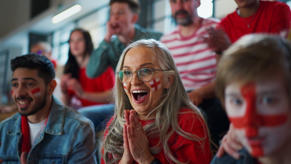 Excited football fans supproting an English national team in live soccer match at stadium.