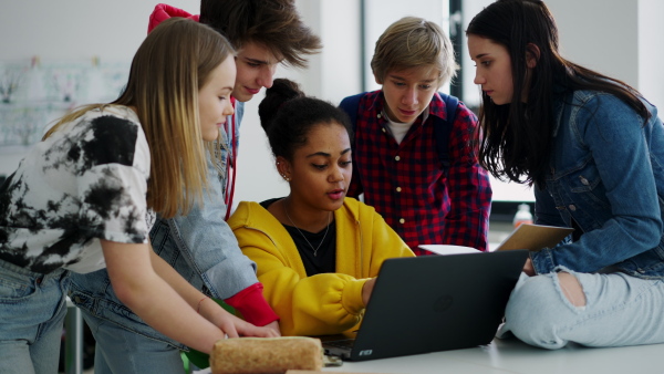 High school students sitting together at s desk and using laptop and talking during break in classroom.