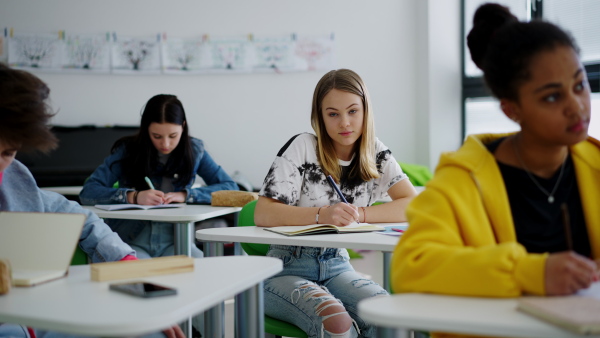 High school students paying attention in a class, sitting in their desks and writing notes.