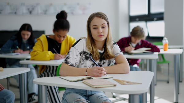 High school students paying attention in a class, sitting in their desks and writing notes.