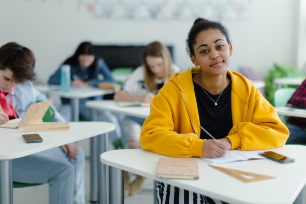 High school students paying attention in a class, sitting in their desks and writing notes, back to school concept.