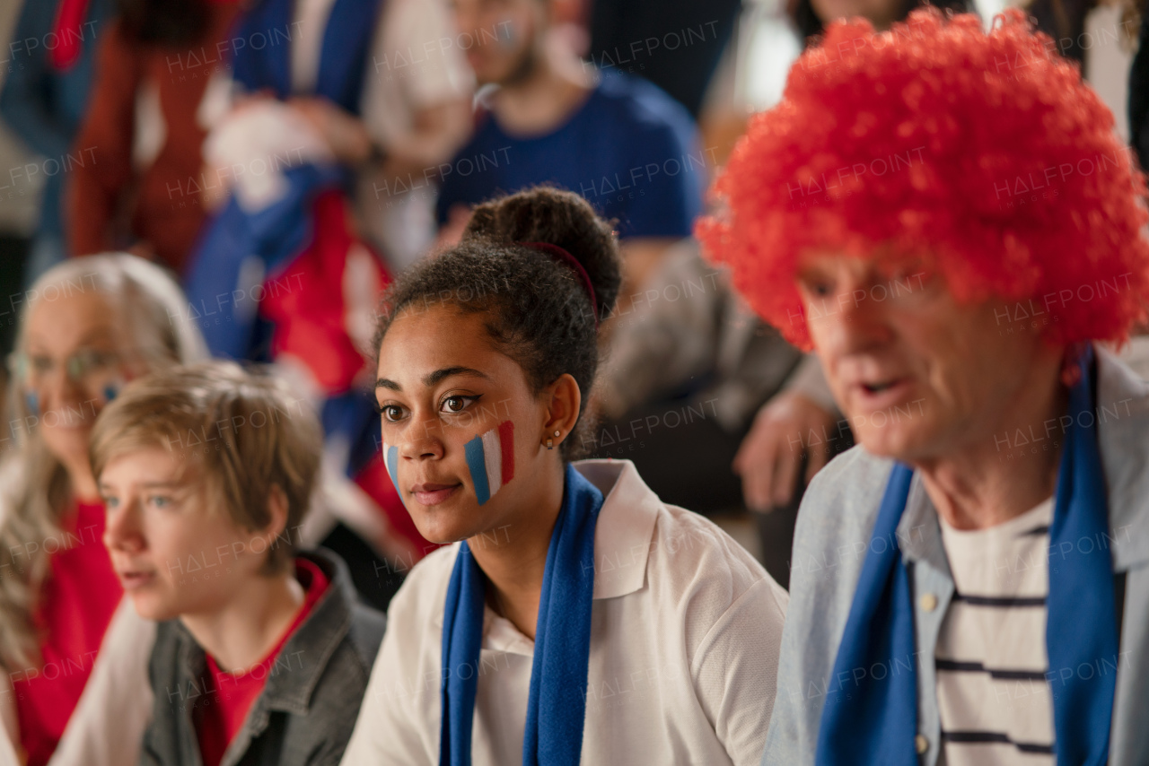 Excited football fans supproting French national team in live soccer match at a stadium.