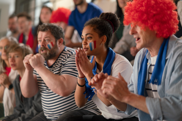 Excited football fans supproting French national team in live soccer match at a stadium.