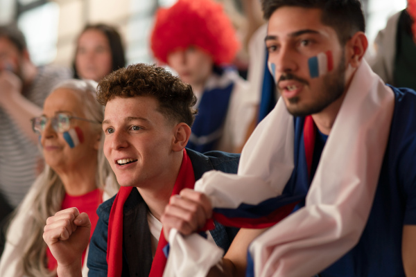 Excited football fans supproting French national team in live soccer match at a stadium.