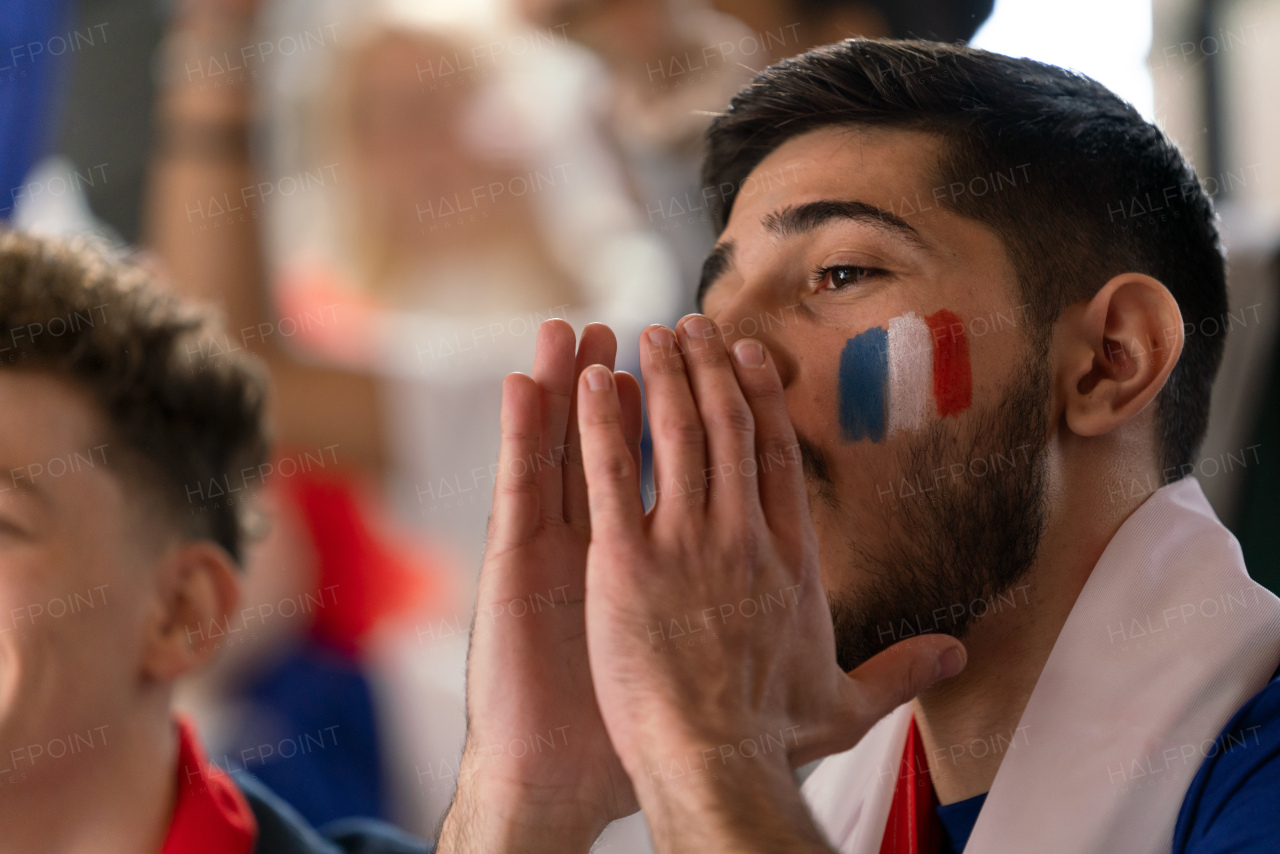 French football fans celebrating their team's victory at a stadium.