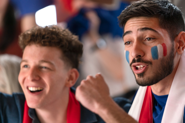 Excited football fans supproting French national team in live soccer match at astadium.