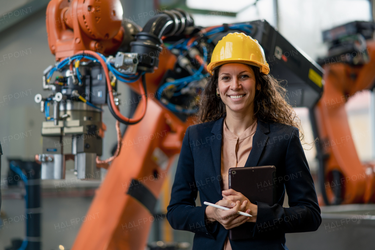 An automation female engineer with tablet for programming robotic arm in factory.