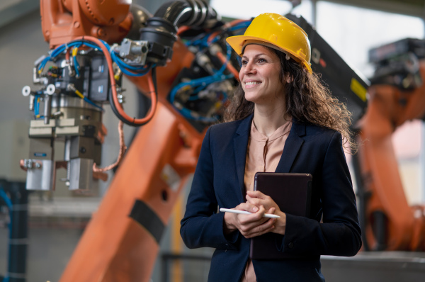 An automation female engineer with tablet for programming robotic arm in factory.