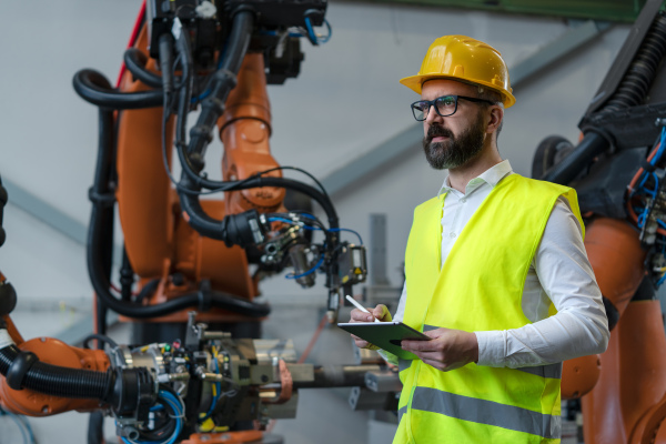 An automation engineer holding scanner in industrial in factory.