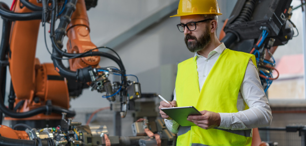 An automation engineer holding scanner in industrial in factory.