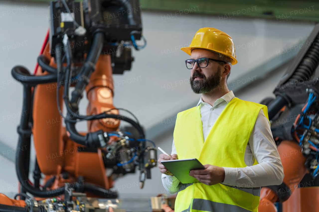 An automation engineer holding scanner in industrial in factory.