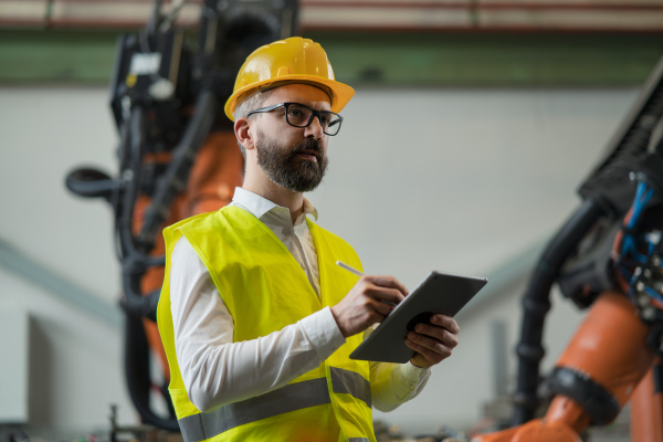 An automation engineer holding digital tablet in industrial in factory.