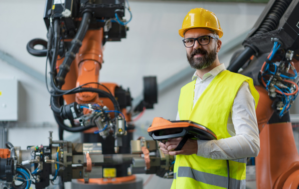 An automation engineer holding scanner in industrial in factory.