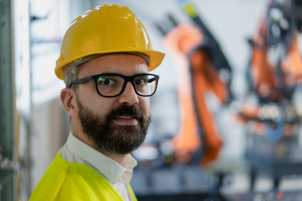 A portrait of male chief engineer in modern industrial factory looking at camera.