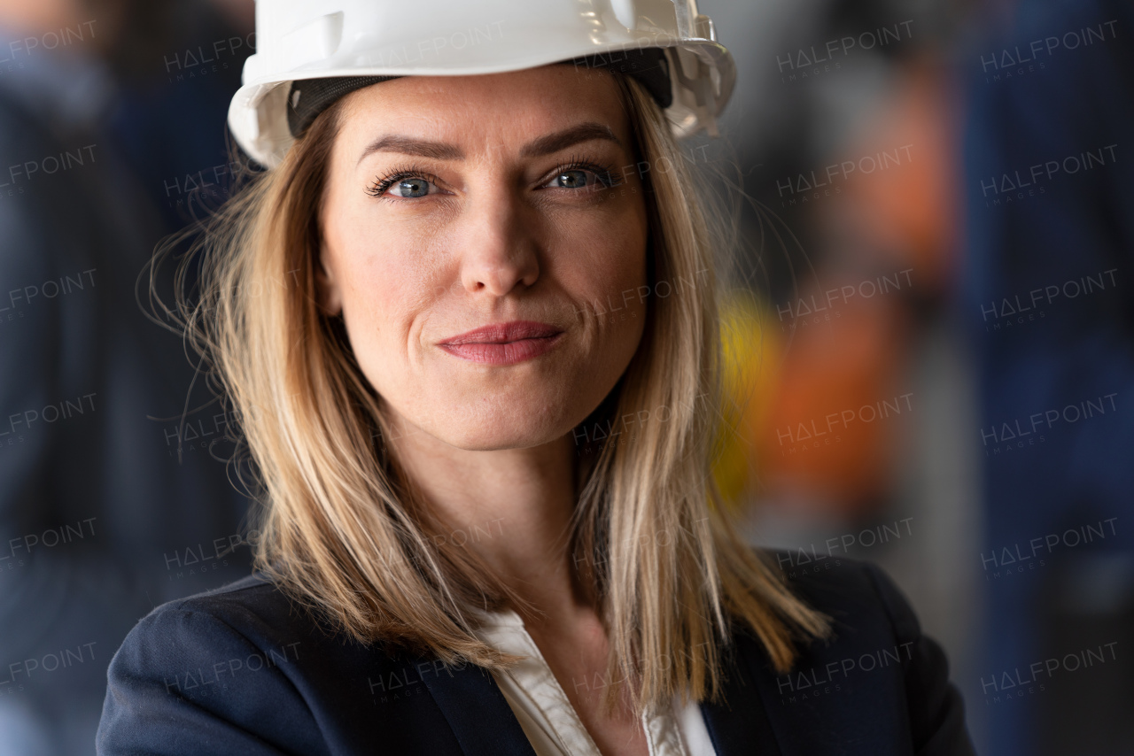 A portrait of female chief engineer in modern industrial factory looking at camera.