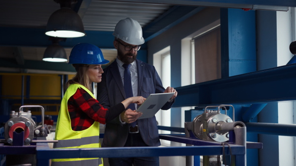 Female engineering manager and mechanic worker inside the factory