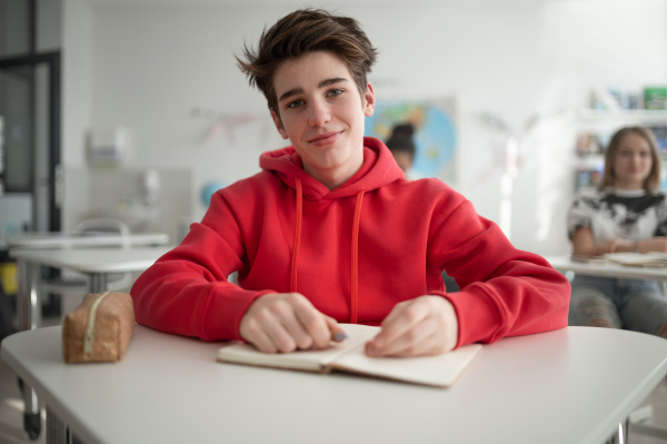 Happy college student sitting in school-desk and looking in camera.