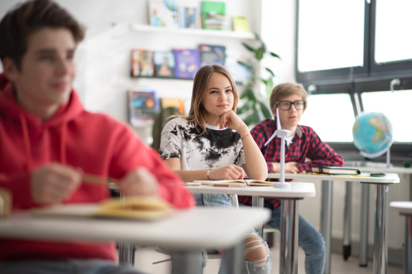 Students paying attention in a class, sitting in their school desks.