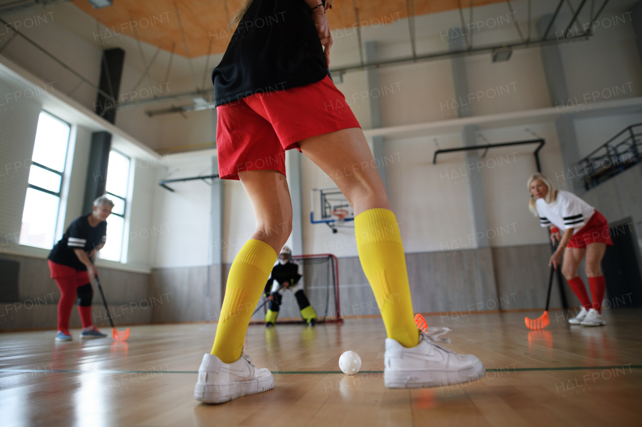 A lowsection of woman, floorball player during match in gym.