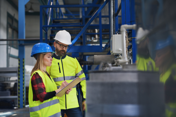 Female engineering manager and mechanic worker inside the factory