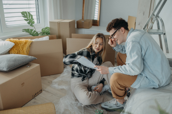 A cheerful young couple in their new apartment, sitting on floor and reading papers. Conception of moving.