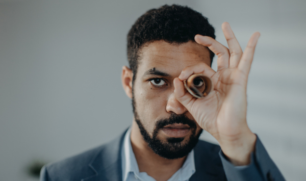 A depressed businessman man looking through a tube of money, inflation concept.