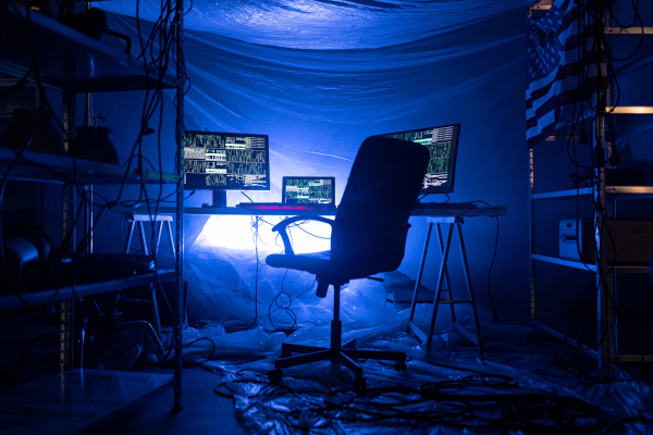 An internet hacker workplace in dark office, cyberwar concept.