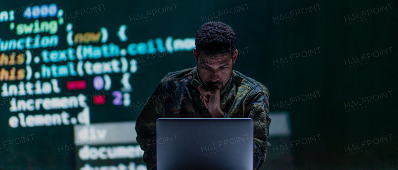 A hacker in military unifrorm on dark web, cyberwar concept.