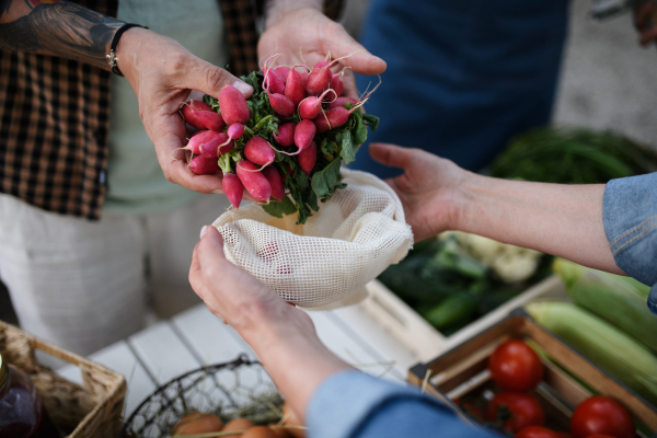 A close up of mans hands buying organic vegetables outdoors at local farmers market.