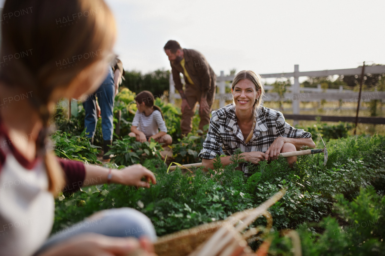 Happy young and old farmers or gardeners working outdoors at a community farm.