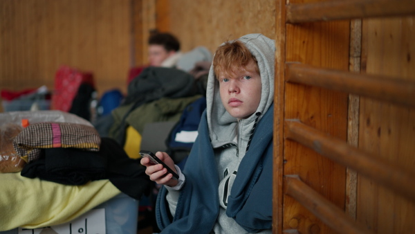 Ukrainian war refugees in a temporary shelter and help center.