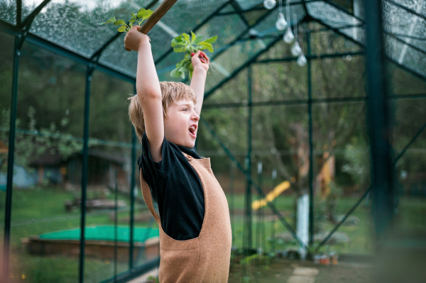 A happy boy standing with hands raised in eco greenhouse, laughing and shouting.