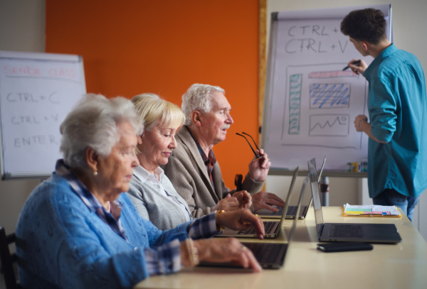 A senior group in retirement home with young instructor learning together in computer class