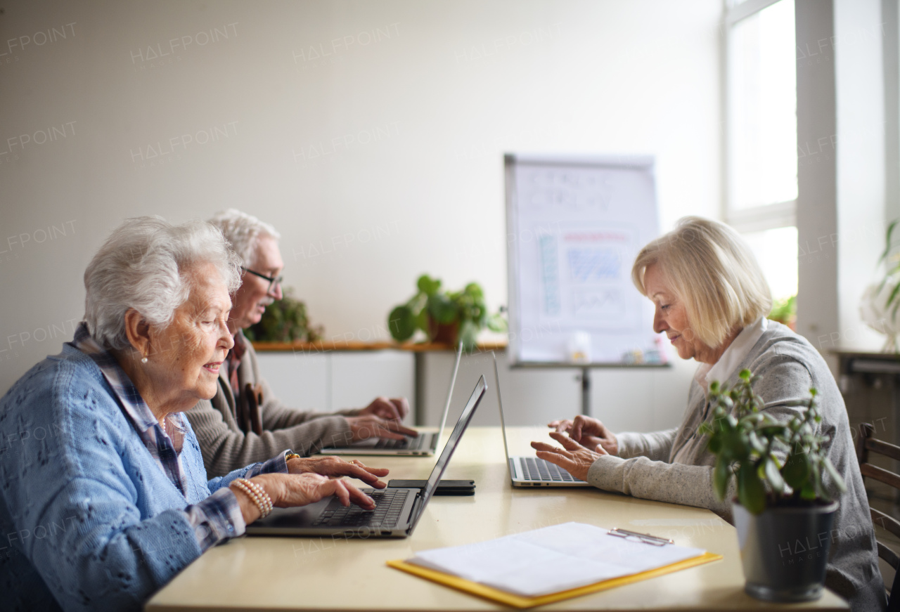 A senior group in retirement home learning together in computer class