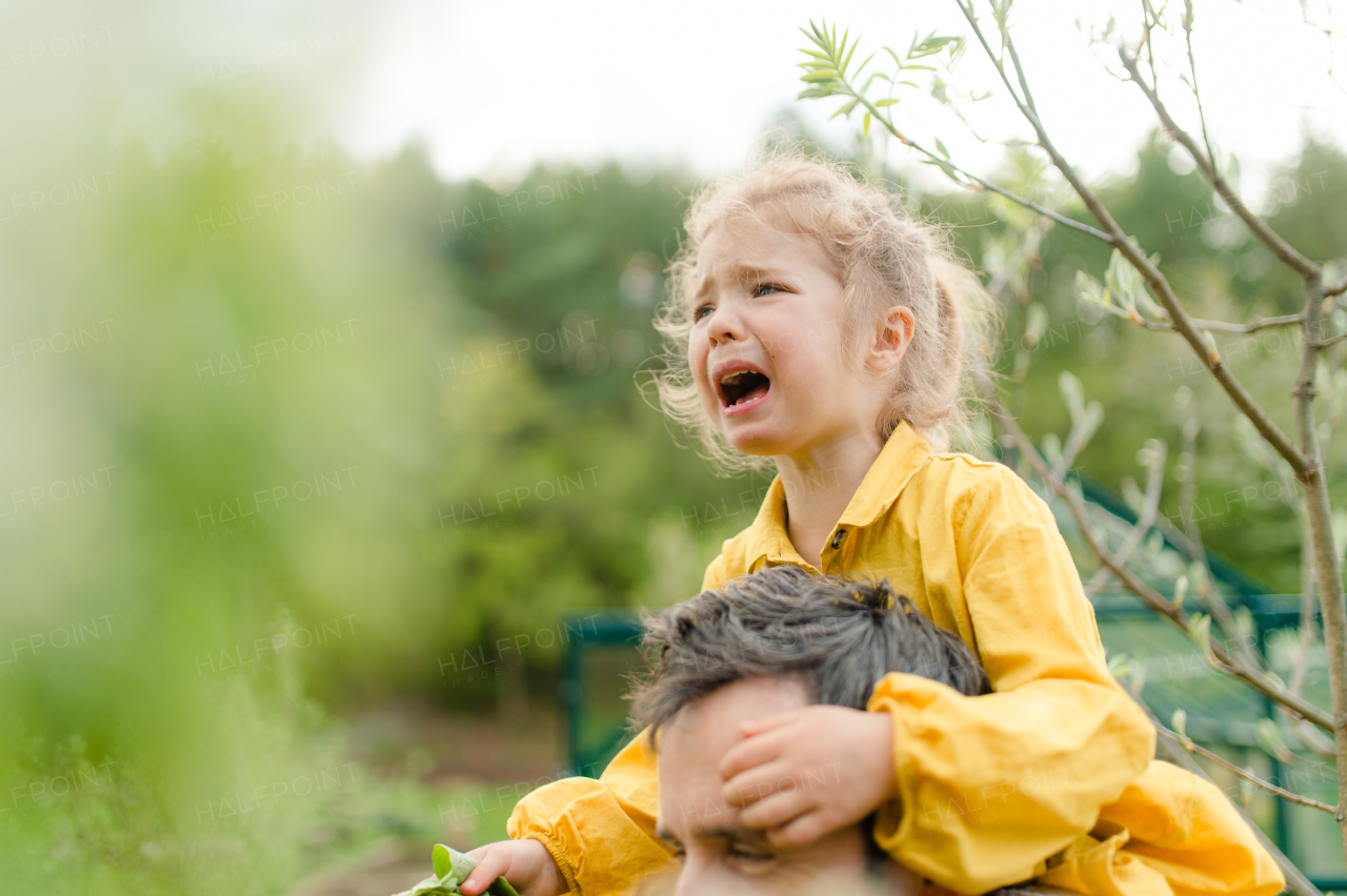 A father holding his crying little daughter and comforting her in garden