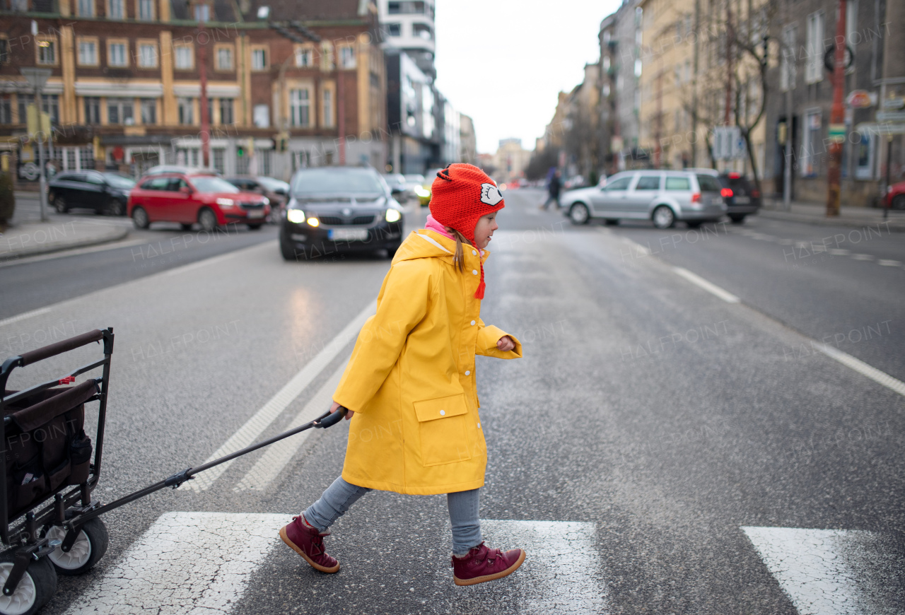 A little girl with Down syndrome crossing the road and pulling the trolley.