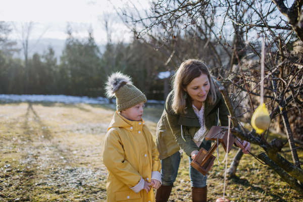 A boy with Down syndrome with his mother hanging birdhouse in garden in winter together.