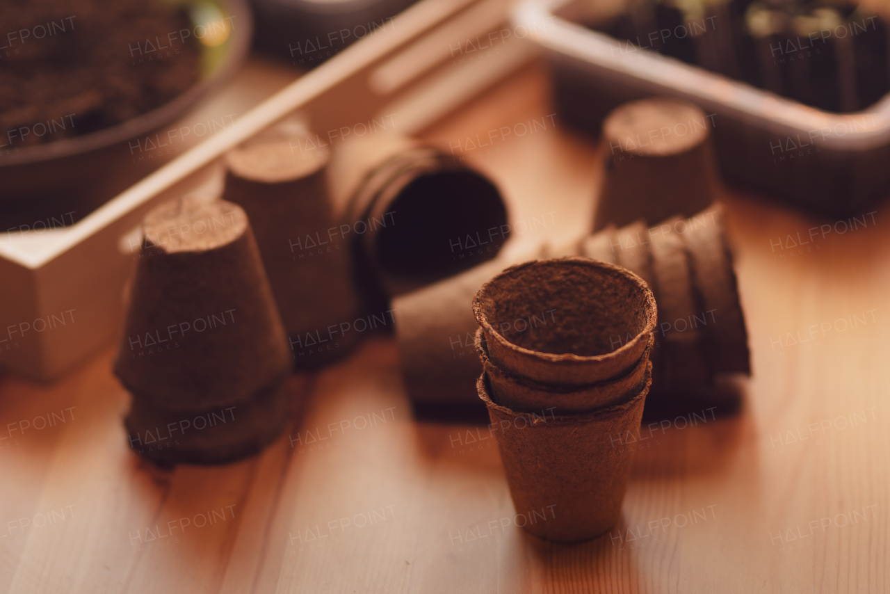 Eco friendly pots stack for planting seeds, home gardening.