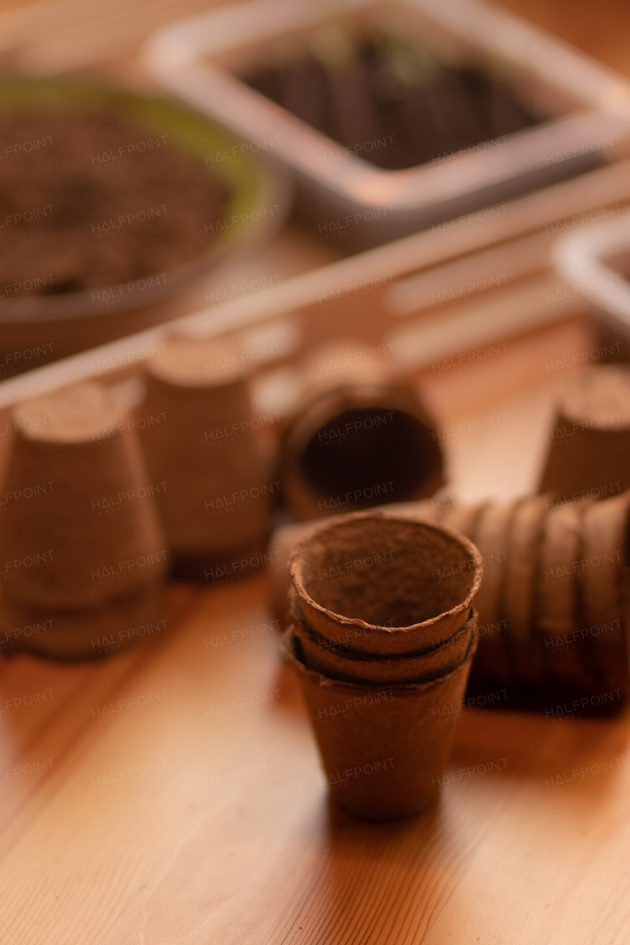 Eco friendly pots stack for planting seeds, home gardening.