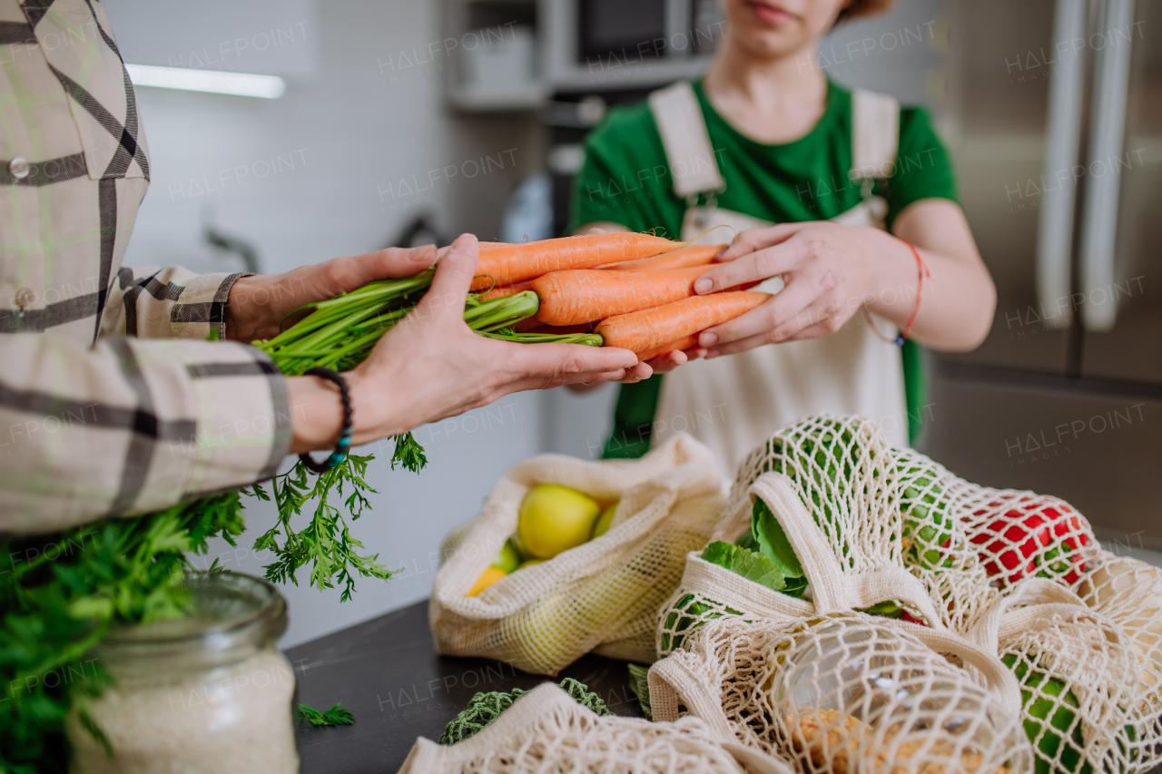 A mother unpacking local food in zero waste packaging from bag with help of daughter in kitchen at home.