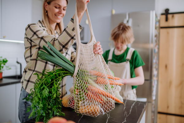 A mother bringing shopping in mesh bag to kitchen. Zero waste and sustainable packaging concept.